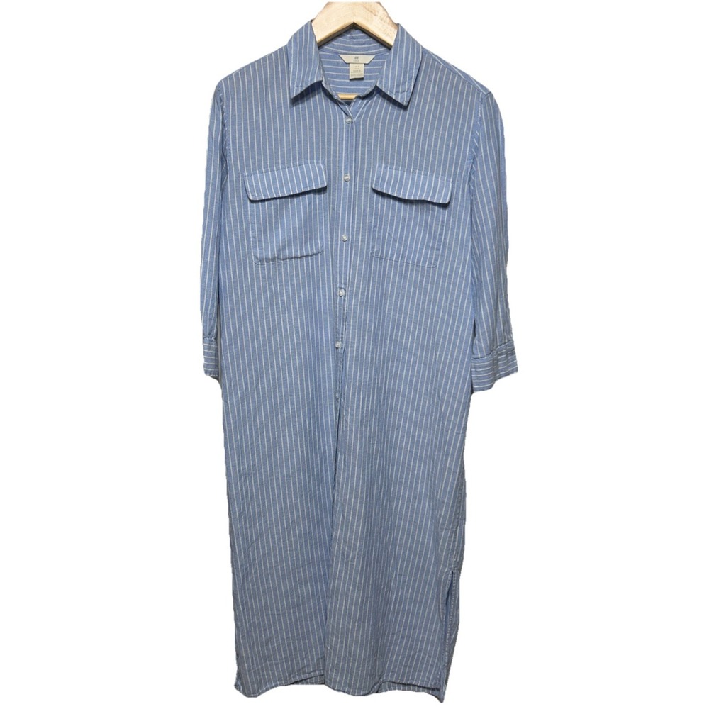 H&M Oversized Linen Blend Shirt Dress Blue White Stripe Women's Sz Small Coastal